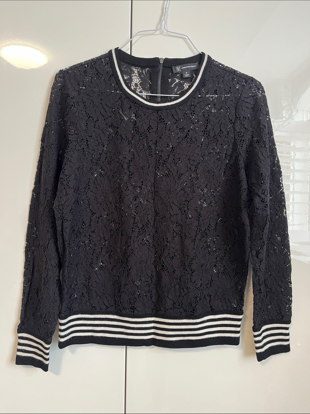 INC Black Lace Long-Sleeve Top with White Stripe Trim, Size M